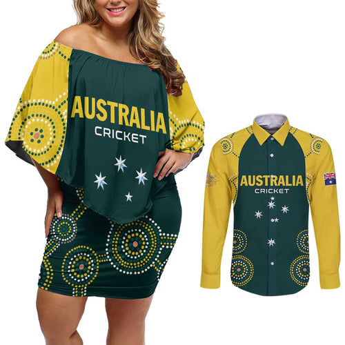 Custom Australia Cricket Couples Matching Off Shoulder Short Dress and Long Sleeve Button Shirt Aussies Champions
