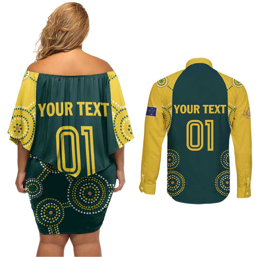 Custom Australia Cricket Couples Matching Off Shoulder Short Dress and Long Sleeve Button Shirt Aussies Champions