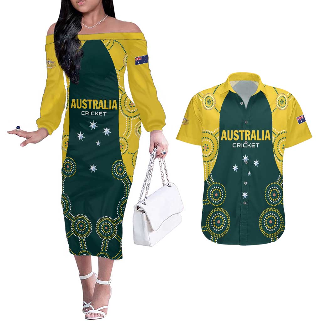 Custom Australia Cricket Couples Matching Off The Shoulder Long Sleeve Dress and Hawaiian Shirt Aussies Champions