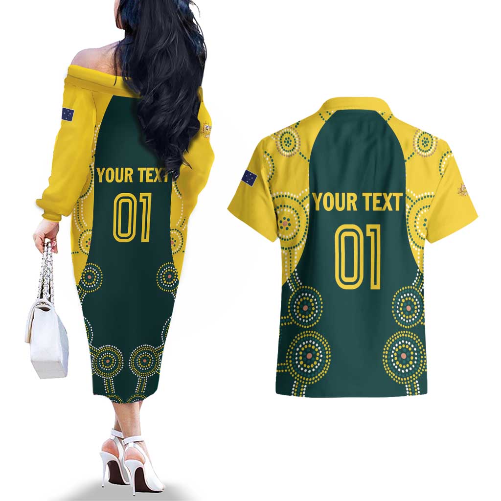 Custom Australia Cricket Couples Matching Off The Shoulder Long Sleeve Dress and Hawaiian Shirt Aussies Champions