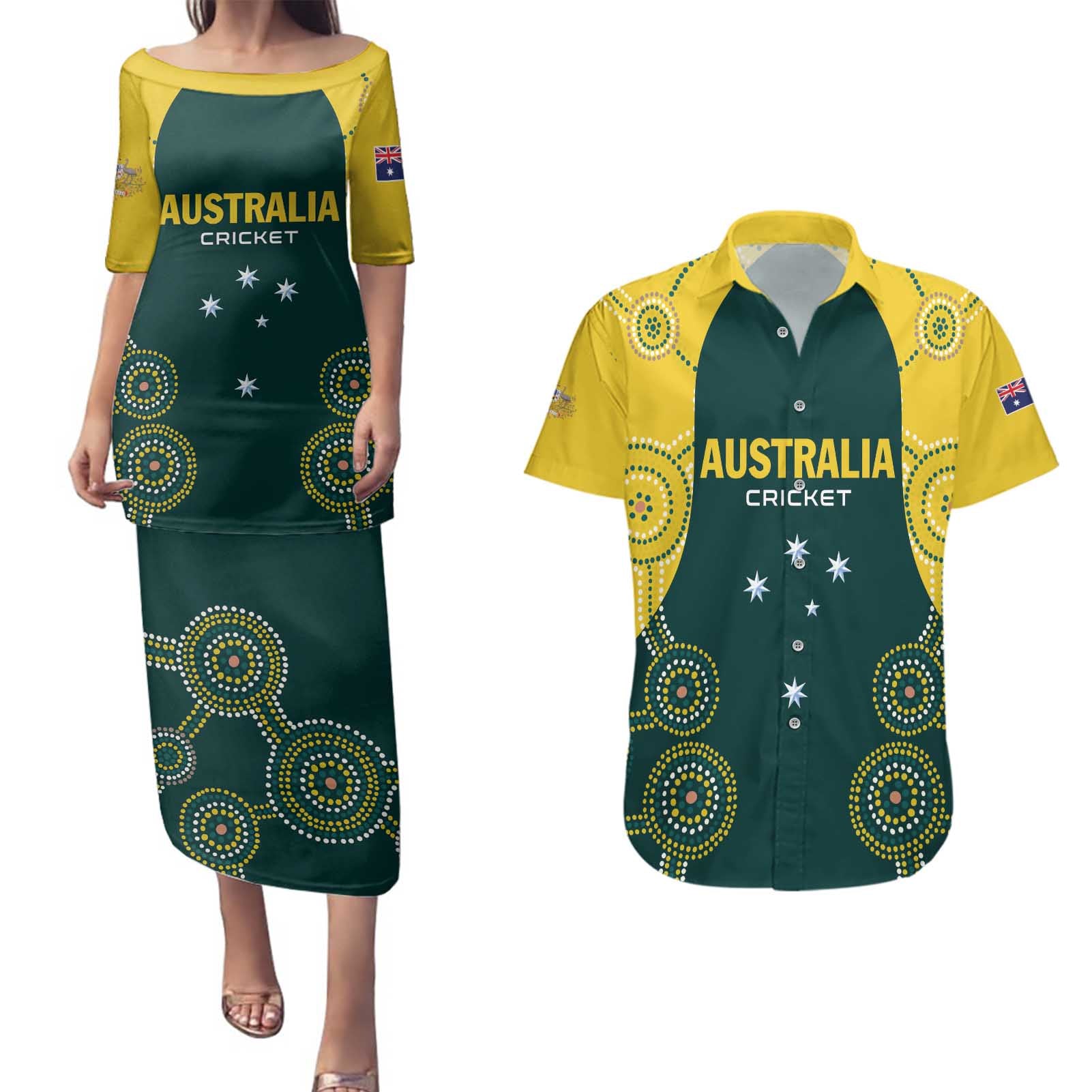 Custom Australia Cricket Couples Matching Puletasi and Hawaiian Shirt Aussies Champions
