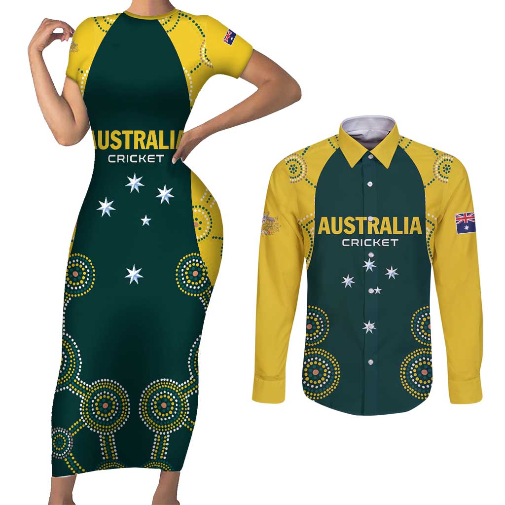Custom Australia Cricket Couples Matching Short Sleeve Bodycon Dress and Long Sleeve Button Shirt Aussies Champions
