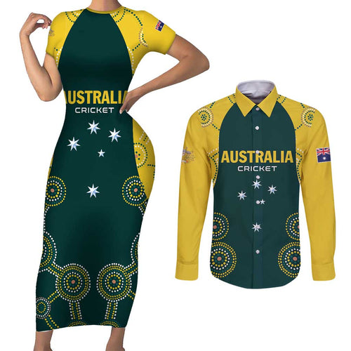 Custom Australia Cricket Couples Matching Short Sleeve Bodycon Dress and Long Sleeve Button Shirt Aussies Champions