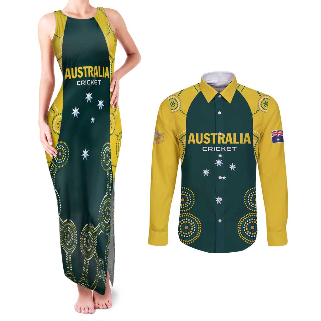 Custom Australia Cricket Couples Matching Tank Maxi Dress and Long Sleeve Button Shirt Aussies Champions