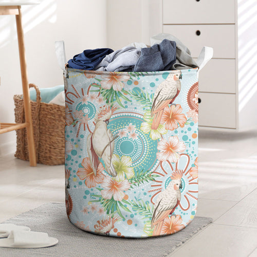 Australia Pink Cockatoo Aboriginal Art Laundry Basket Tropical Hibiscus Floral Style