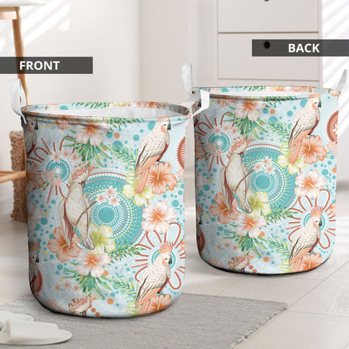 Australia Pink Cockatoo Aboriginal Art Laundry Basket Tropical Hibiscus Floral Style
