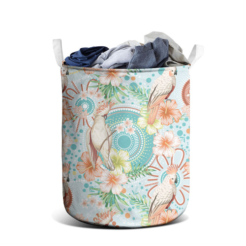 Australia Pink Cockatoo Aboriginal Art Laundry Basket Tropical Hibiscus Floral Style