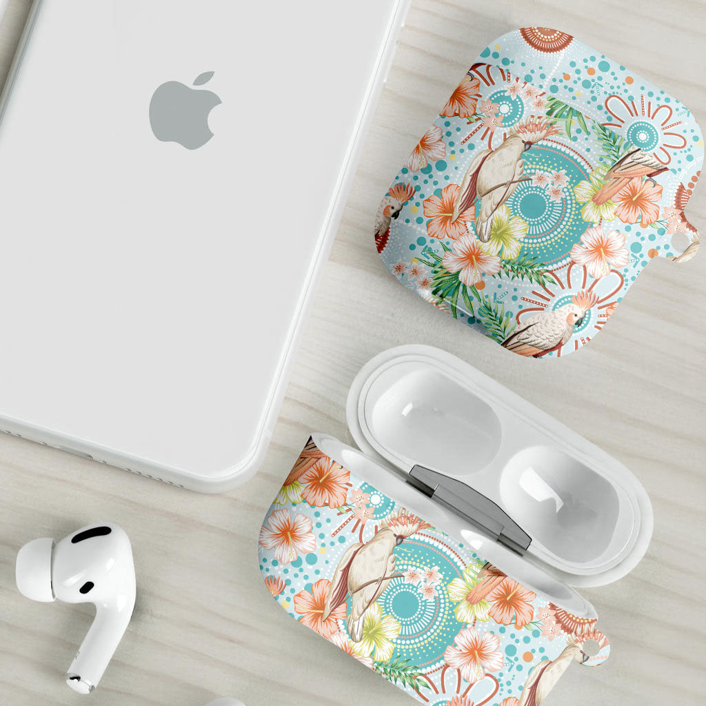 Australia Pink Cockatoo Aboriginal Art AirPods Case Tropical Hibiscus Floral Style
