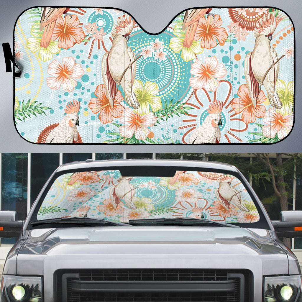 Australia Pink Cockatoo Aboriginal Art Auto Sun Shade Tropical Hibiscus Floral Style