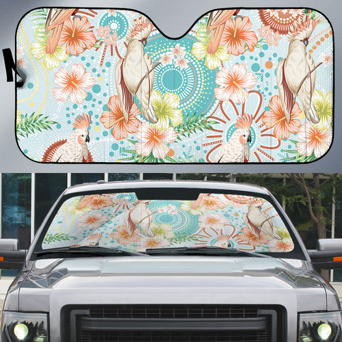 Australia Pink Cockatoo Aboriginal Art Auto Sun Shade Tropical Hibiscus Floral Style