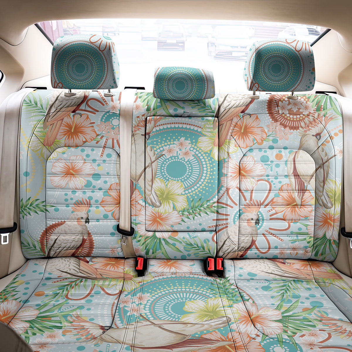 Australia Pink Cockatoo Aboriginal Art Back Car Seat Cover Tropical Hibiscus Floral Style