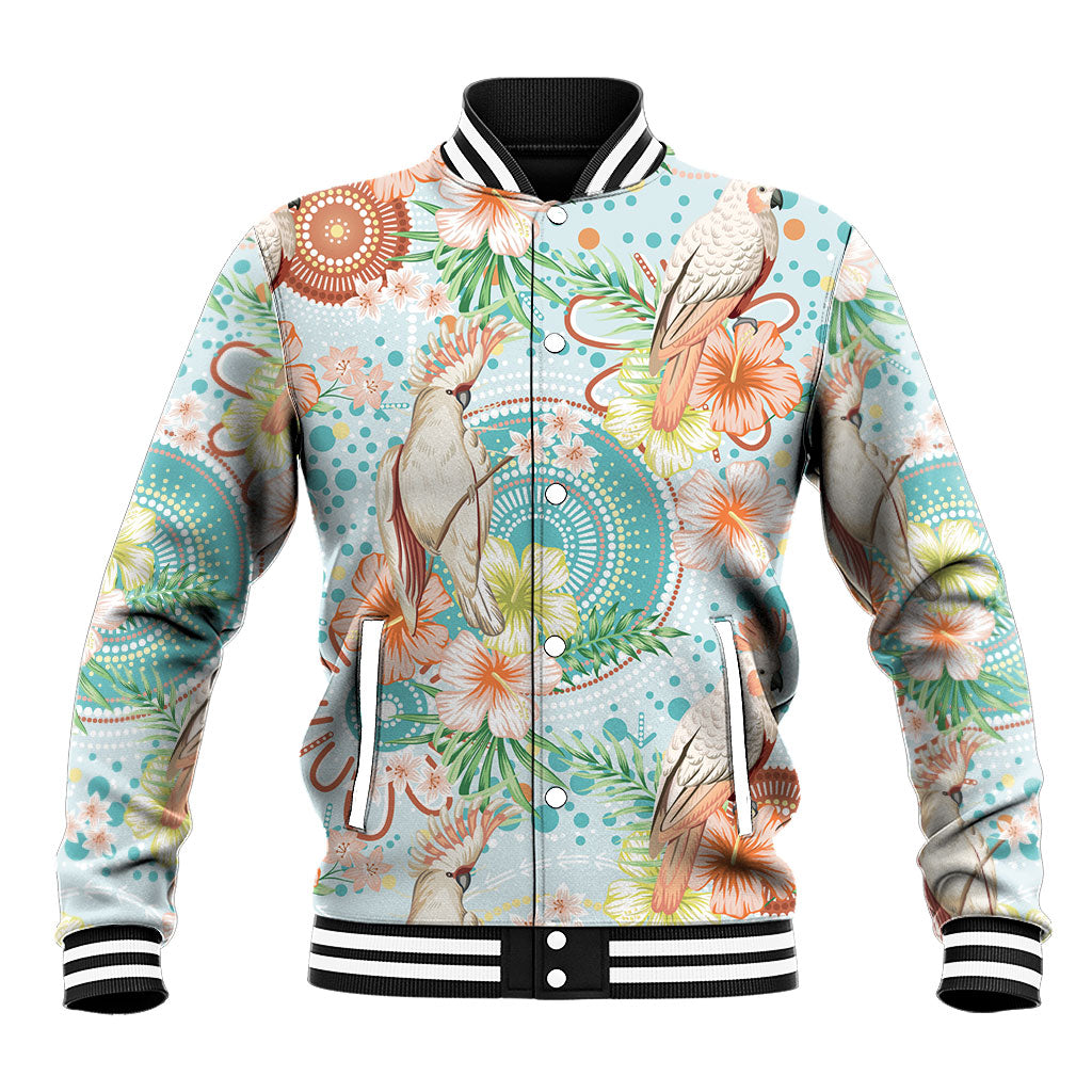 Australia Pink Cockatoo Aboriginal Art Baseball Jacket Tropical Hibiscus Floral Style
