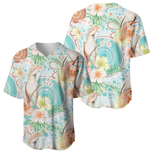 Australia Pink Cockatoo Aboriginal Art Baseball Jersey Tropical Hibiscus Floral Style