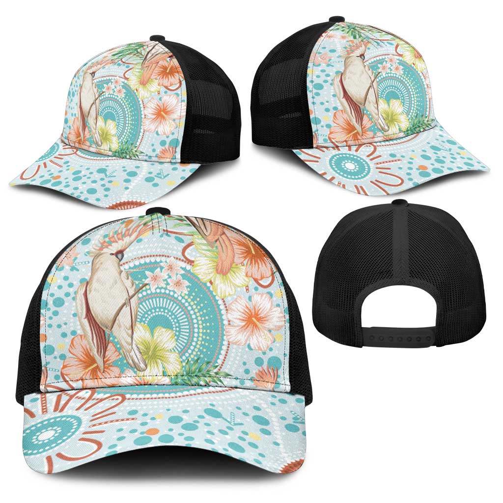 Australia Pink Cockatoo Aboriginal Art Baseball Net Cap Tropical Hibiscus Floral Style