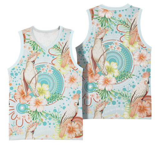 Australia Pink Cockatoo Aboriginal Art Basketball Jersey Tropical Hibiscus Floral Style