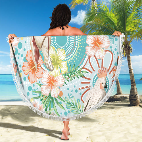 Australia Pink Cockatoo Aboriginal Art Beach Blanket Tropical Hibiscus Floral Style