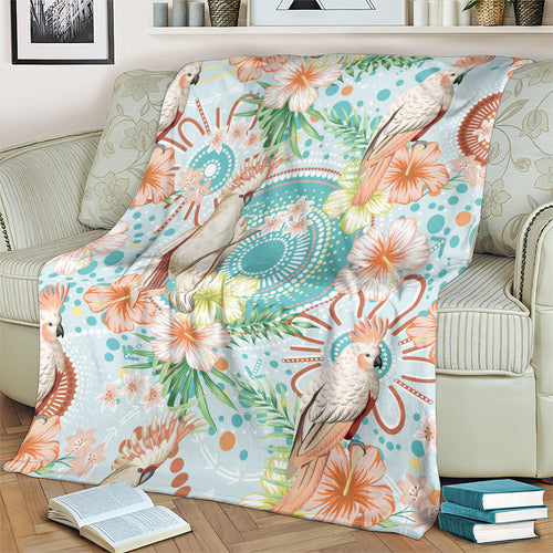 Australia Pink Cockatoo Aboriginal Art Blanket Tropical Hibiscus Floral Style