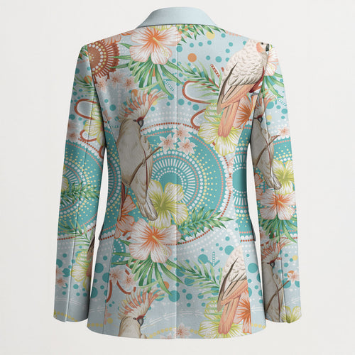 Australia Pink Cockatoo Aboriginal Art Blazer Tropical Hibiscus Floral Style