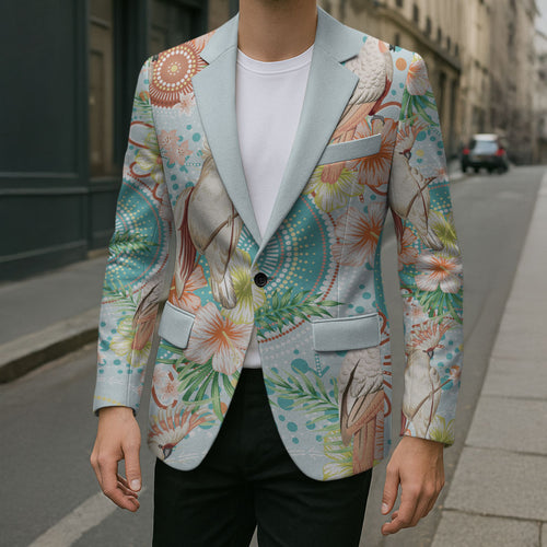 Australia Pink Cockatoo Aboriginal Art Blazer Tropical Hibiscus Floral Style