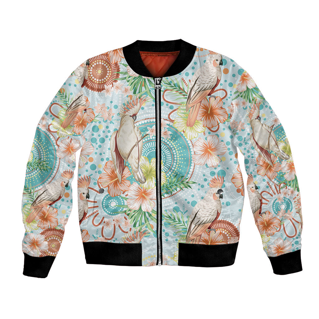 Australia Pink Cockatoo Aboriginal Art Bomber Jacket Tropical Hibiscus Floral Style