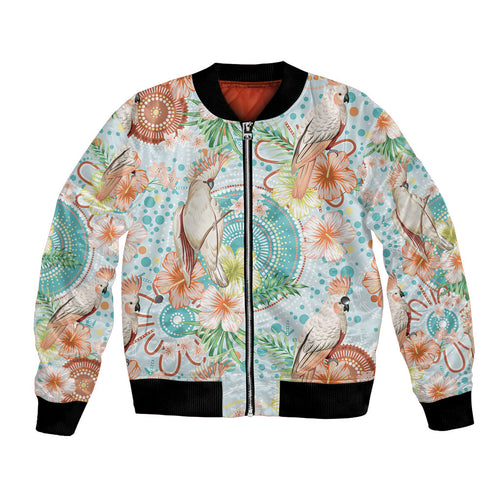 Australia Pink Cockatoo Aboriginal Art Bomber Jacket Tropical Hibiscus Floral Style
