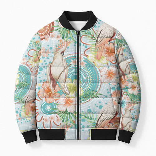 Australia Pink Cockatoo Aboriginal Art Bomber Puffer Jacket Tropical Hibiscus Floral Style
