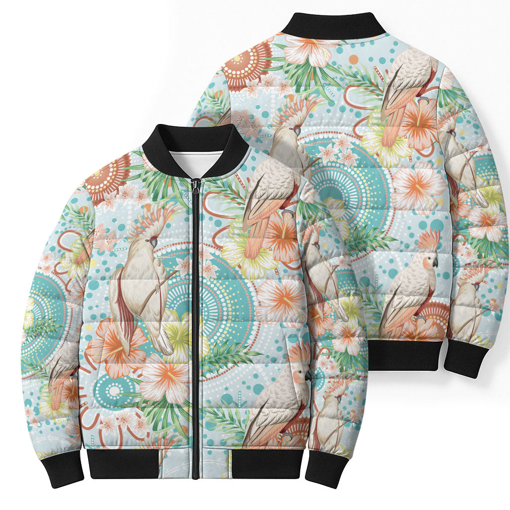 Australia Pink Cockatoo Aboriginal Art Bomber Puffer Jacket Tropical Hibiscus Floral Style