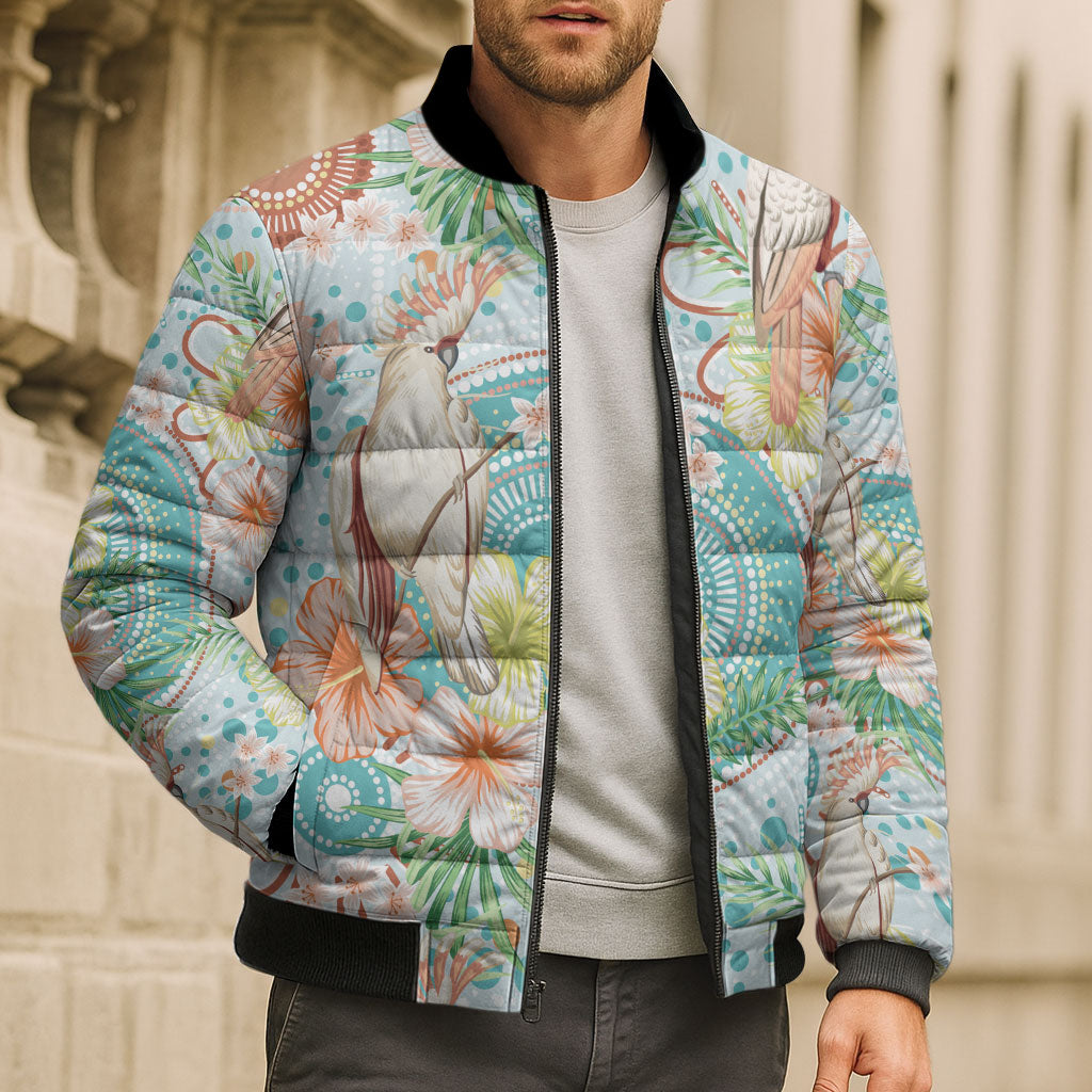 Australia Pink Cockatoo Aboriginal Art Bomber Puffer Jacket Tropical Hibiscus Floral Style