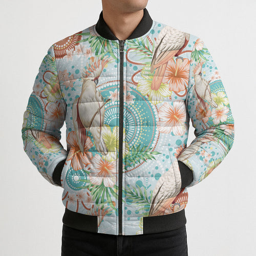Australia Pink Cockatoo Aboriginal Art Bomber Puffer Jacket Tropical Hibiscus Floral Style