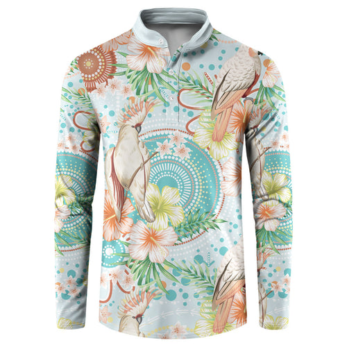 Australia Pink Cockatoo Aboriginal Art Button Sweatshirt Tropical Hibiscus Floral Style