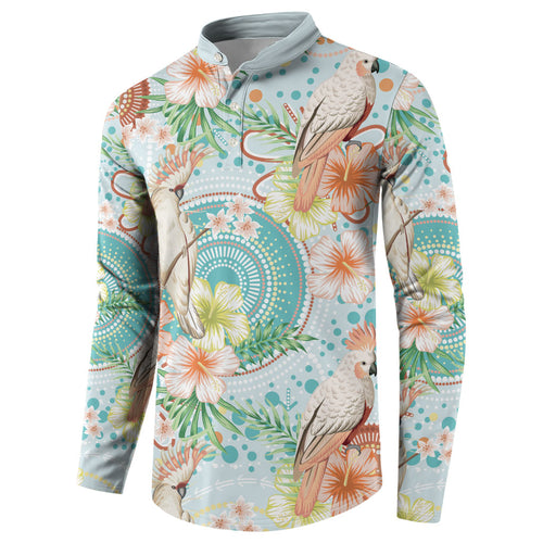 Australia Pink Cockatoo Aboriginal Art Button Sweatshirt Tropical Hibiscus Floral Style