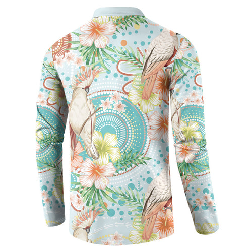 Australia Pink Cockatoo Aboriginal Art Button Sweatshirt Tropical Hibiscus Floral Style