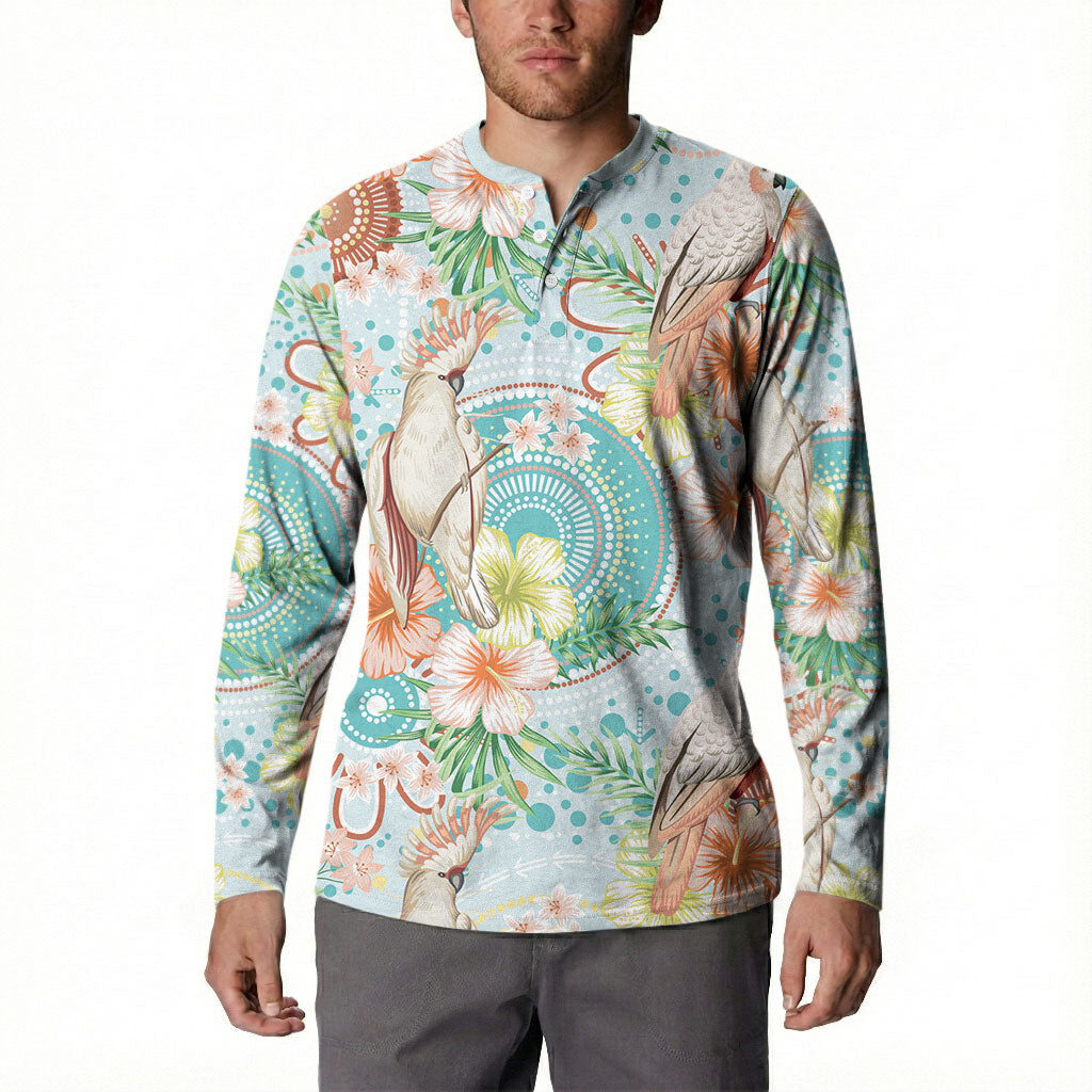Australia Pink Cockatoo Aboriginal Art Button Sweatshirt Tropical Hibiscus Floral Style