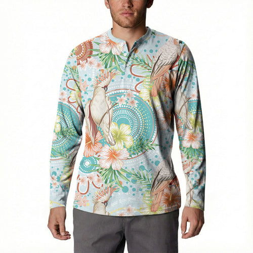 Australia Pink Cockatoo Aboriginal Art Button Sweatshirt Tropical Hibiscus Floral Style