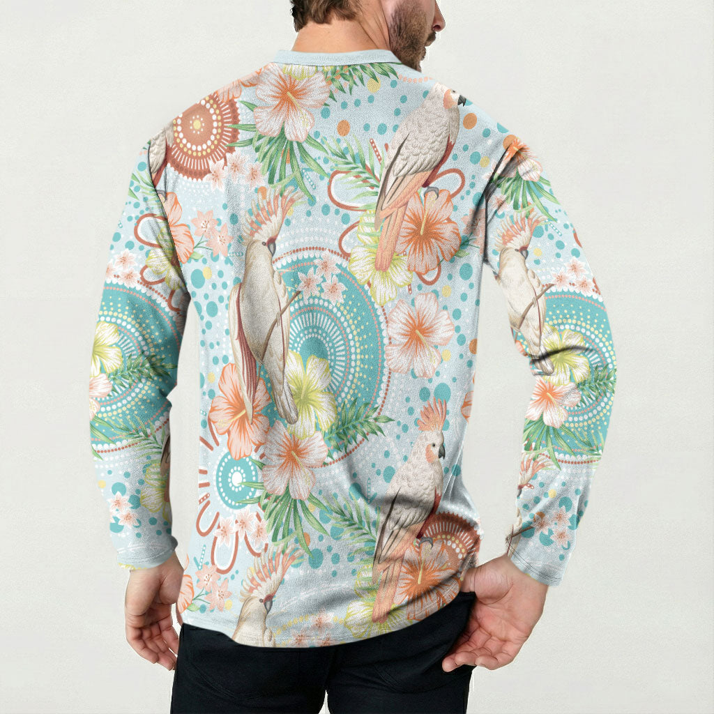 Australia Pink Cockatoo Aboriginal Art Button Sweatshirt Tropical Hibiscus Floral Style