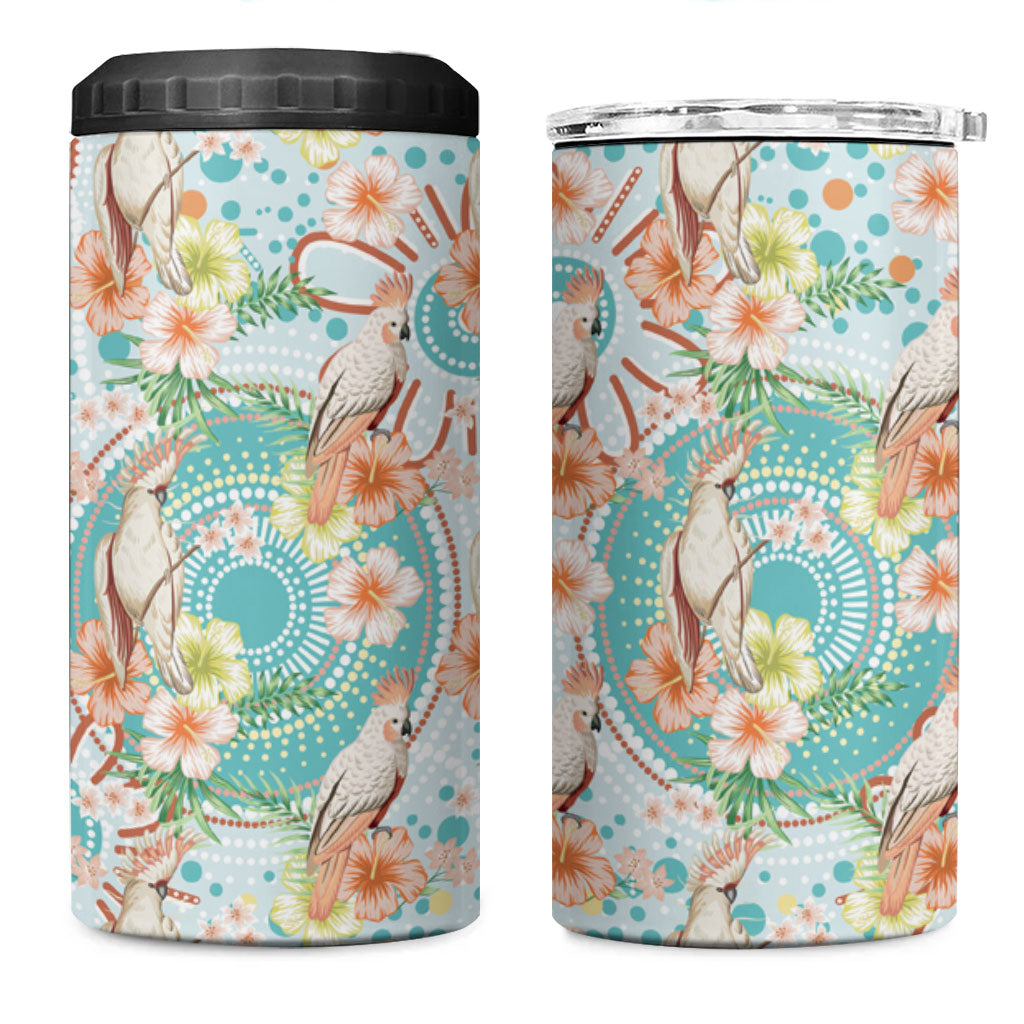Australia Pink Cockatoo Aboriginal Art 4 in 1 Can Cooler Tumbler Tropical Hibiscus Floral Style