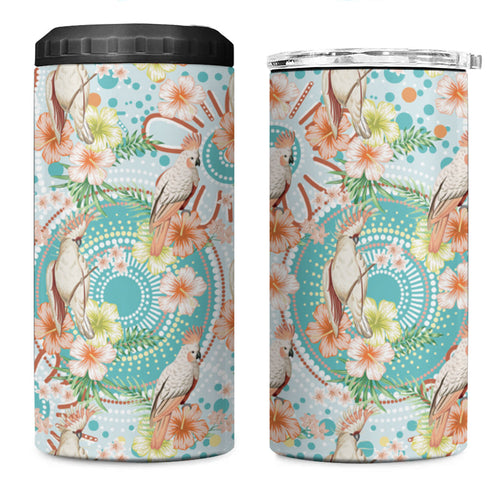 Australia Pink Cockatoo Aboriginal Art 4 in 1 Can Cooler Tumbler Tropical Hibiscus Floral Style