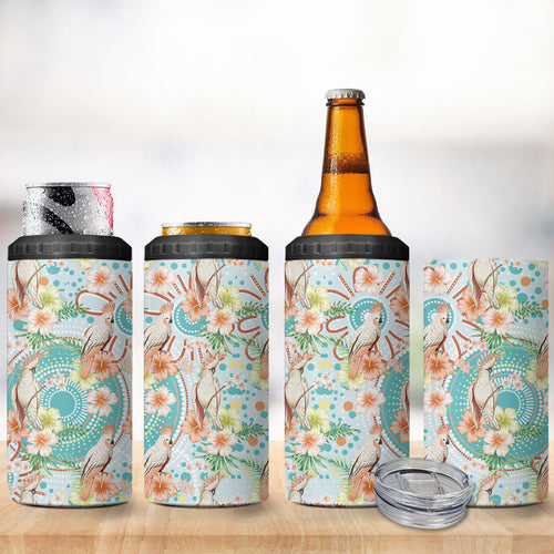 Australia Pink Cockatoo Aboriginal Art 4 in 1 Can Cooler Tumbler Tropical Hibiscus Floral Style
