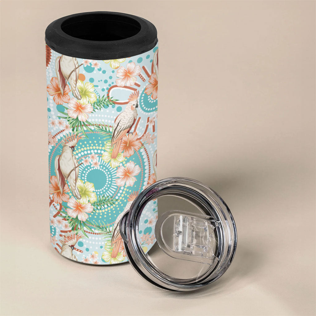 Australia Pink Cockatoo Aboriginal Art 4 in 1 Can Cooler Tumbler Tropical Hibiscus Floral Style