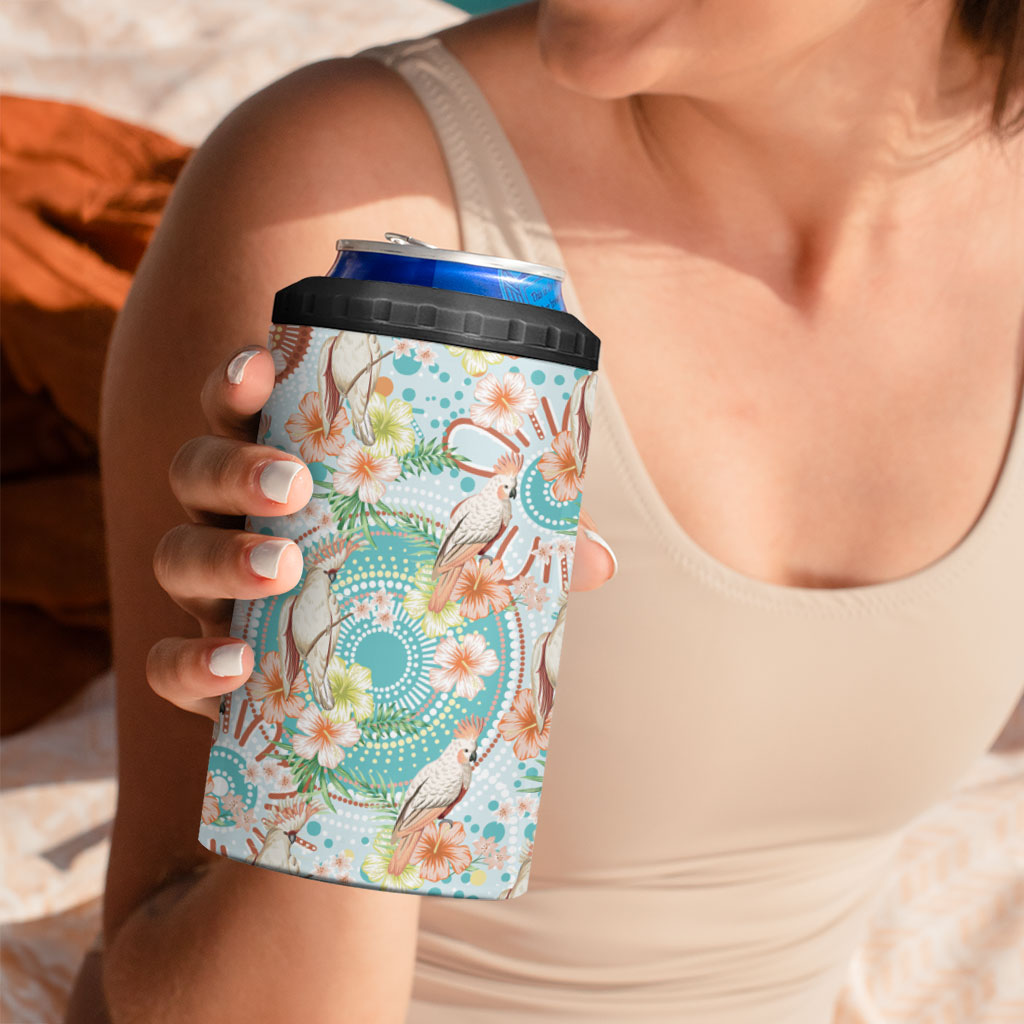 Australia Pink Cockatoo Aboriginal Art 4 in 1 Can Cooler Tumbler Tropical Hibiscus Floral Style