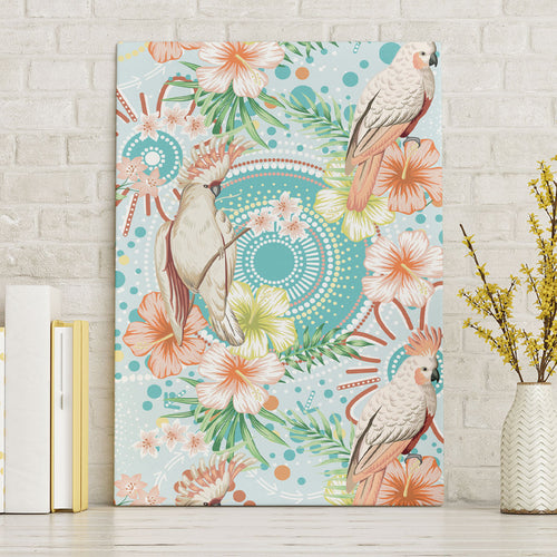 Australia Pink Cockatoo Aboriginal Art Canvas Wall Art Tropical Hibiscus Floral Style