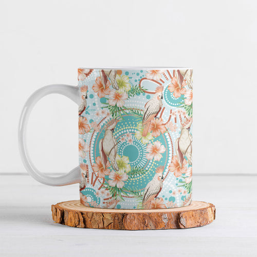 Australia Pink Cockatoo Aboriginal Art Ceramic Mug Tropical Hibiscus Floral Style