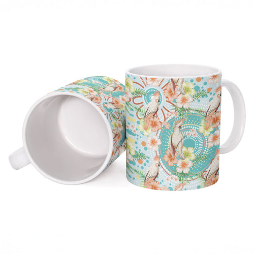 Australia Pink Cockatoo Aboriginal Art Ceramic Mug Tropical Hibiscus Floral Style
