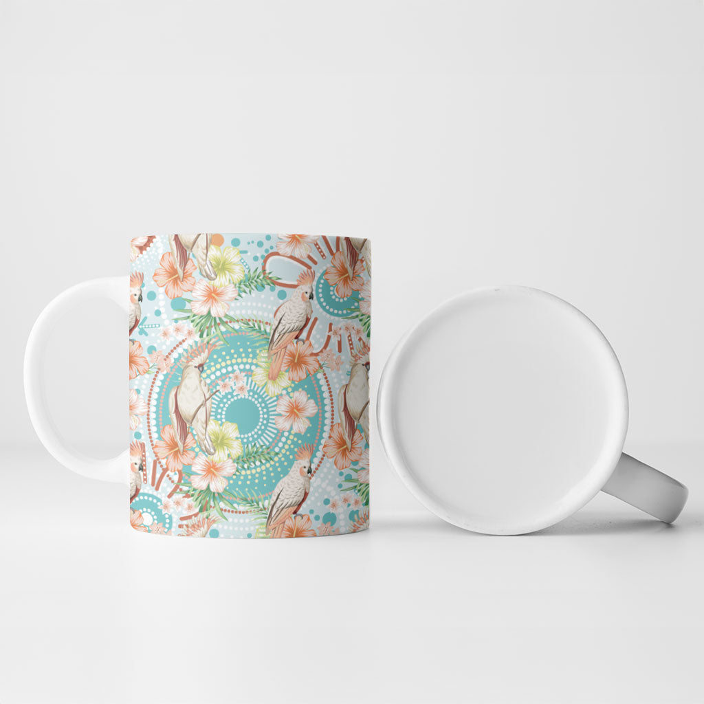 Australia Pink Cockatoo Aboriginal Art Ceramic Mug Tropical Hibiscus Floral Style