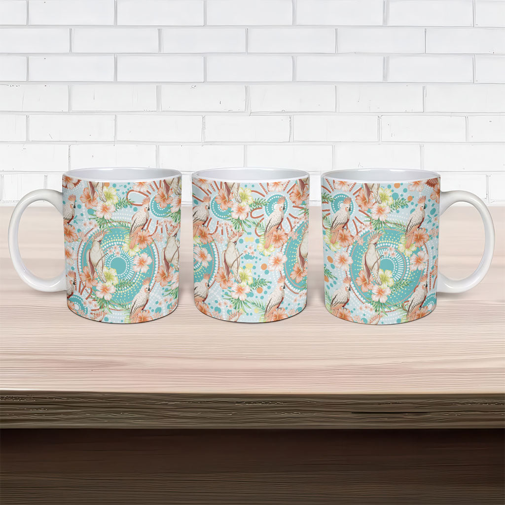 Australia Pink Cockatoo Aboriginal Art Ceramic Mug Tropical Hibiscus Floral Style