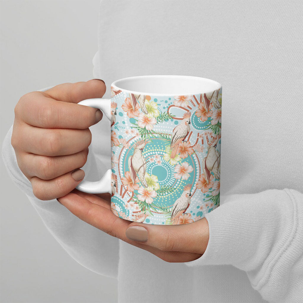 Australia Pink Cockatoo Aboriginal Art Ceramic Mug Tropical Hibiscus Floral Style