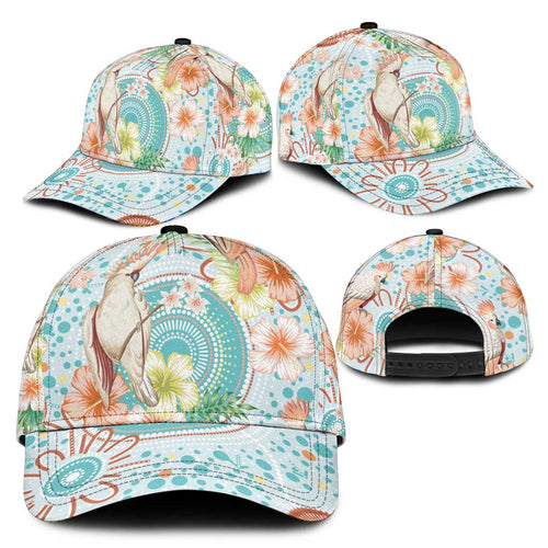 Australia Pink Cockatoo Aboriginal Art Classic Cap Tropical Hibiscus Floral Style