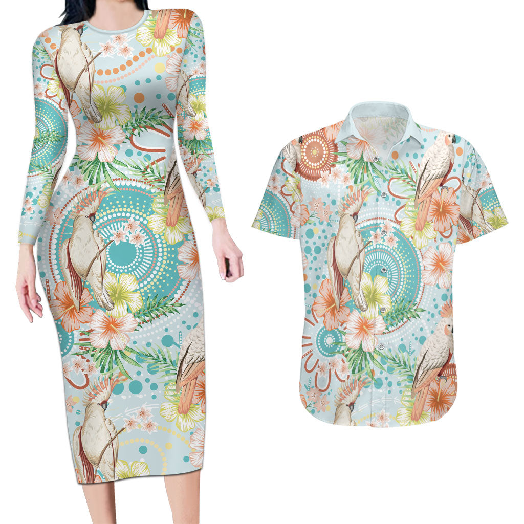 Australia Pink Cockatoo Aboriginal Art Couples Matching Long Sleeve Bodycon Dress and Hawaiian Shirt Tropical Hibiscus Floral Style