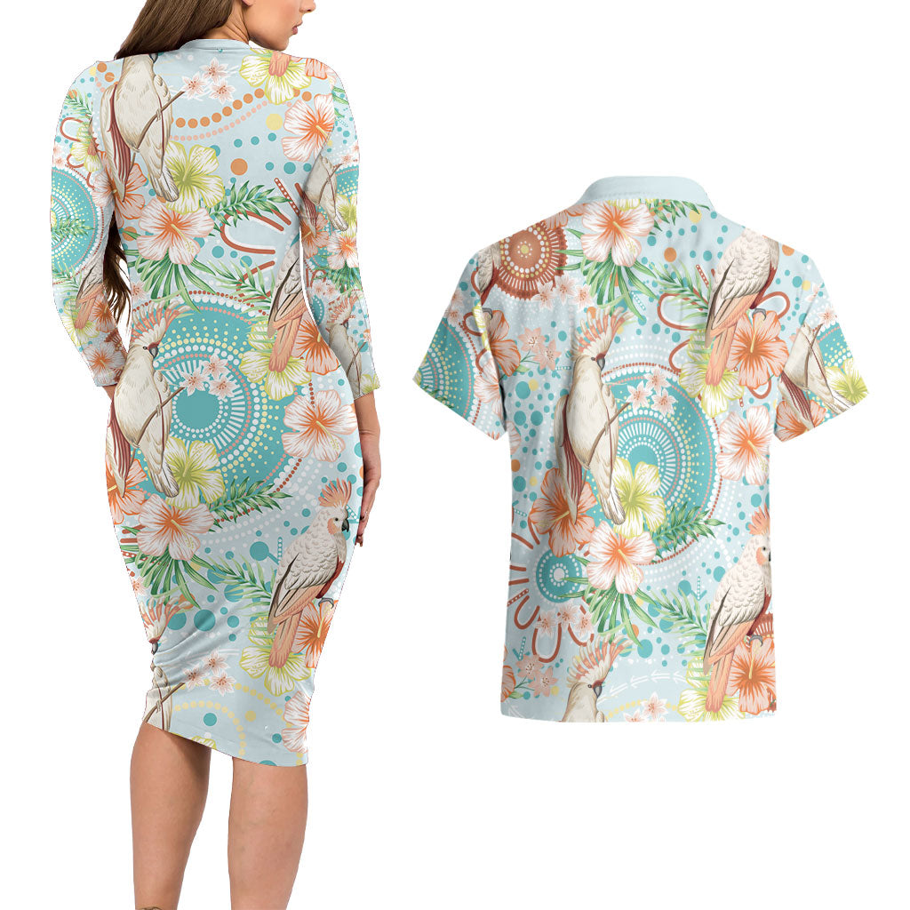 Australia Pink Cockatoo Aboriginal Art Couples Matching Long Sleeve Bodycon Dress and Hawaiian Shirt Tropical Hibiscus Floral Style