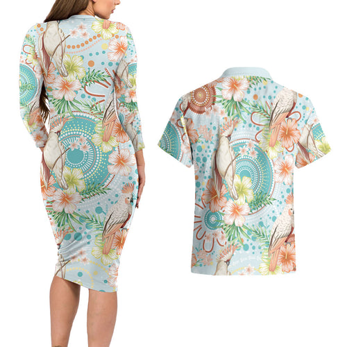 Australia Pink Cockatoo Aboriginal Art Couples Matching Long Sleeve Bodycon Dress and Hawaiian Shirt Tropical Hibiscus Floral Style